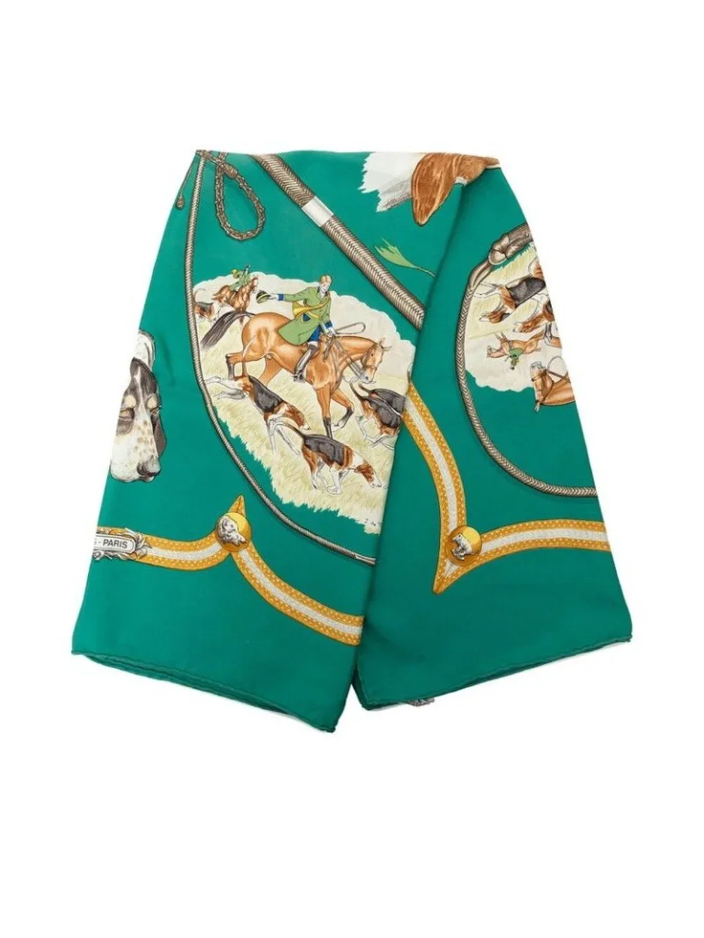 Hermes Carre 90 le Laisser Courre Hound Scarf Green Multicolor Silk - Picture 2 of 8